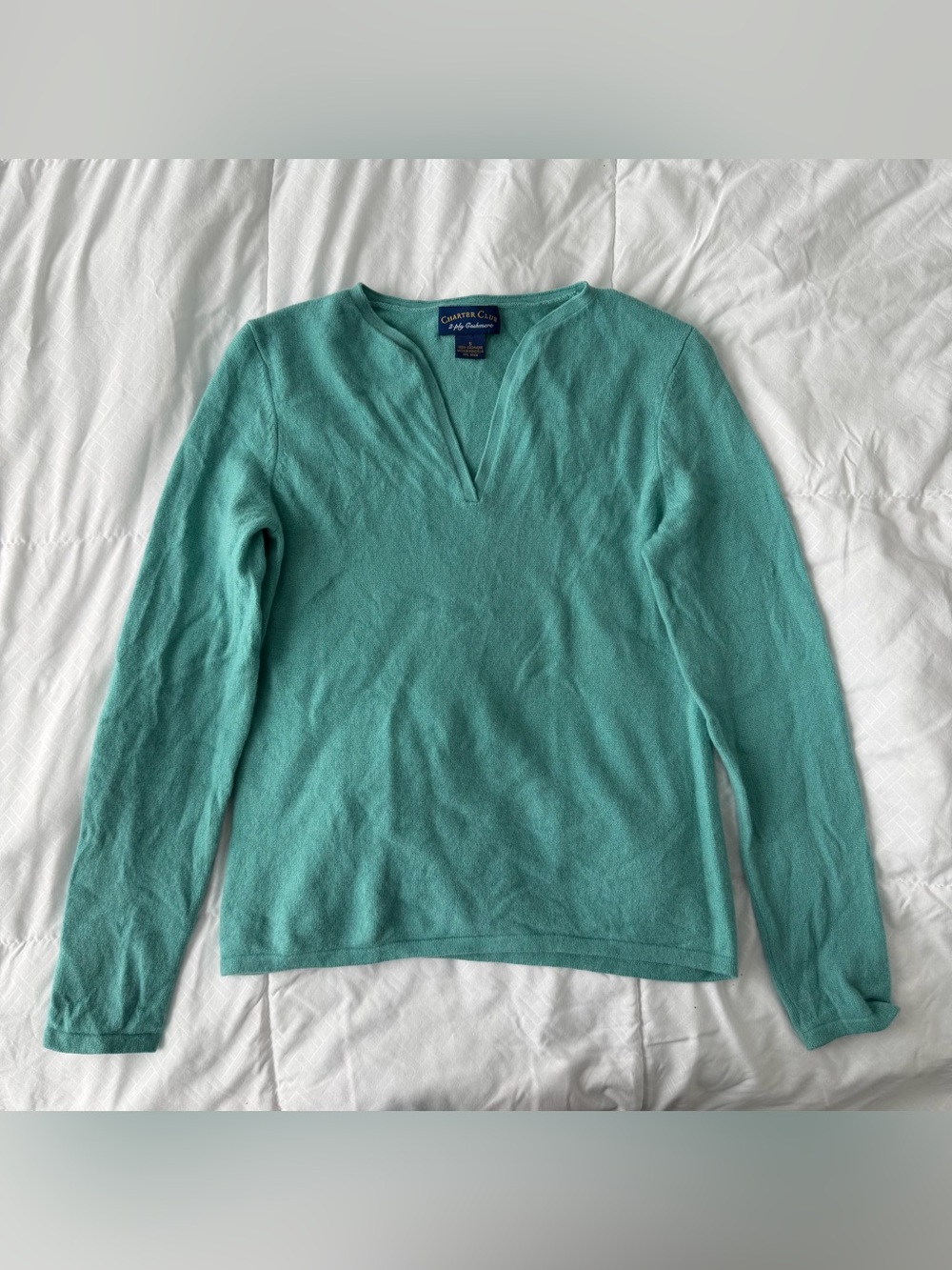 Charter Club 100% Cashmere V Neck Sweater Women’s S Turquoise Blue Quiet Luxury